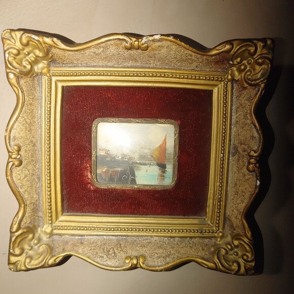 Vintage Ornate Framed Miniature Painting Of Sailboat On Water With Red Velvet Ma - Picture 1 of 15